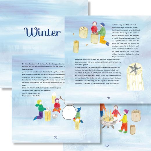 Hier zeit Sarah Kluge mit liebevollen Geschichten und Zeichnungen, wie der Waldkindergarten im Winter lebt